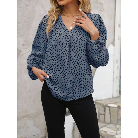 Leopard Print long sleeve v neck Lantern Sleeve Blouse boho tan black - Picture 3 of 11